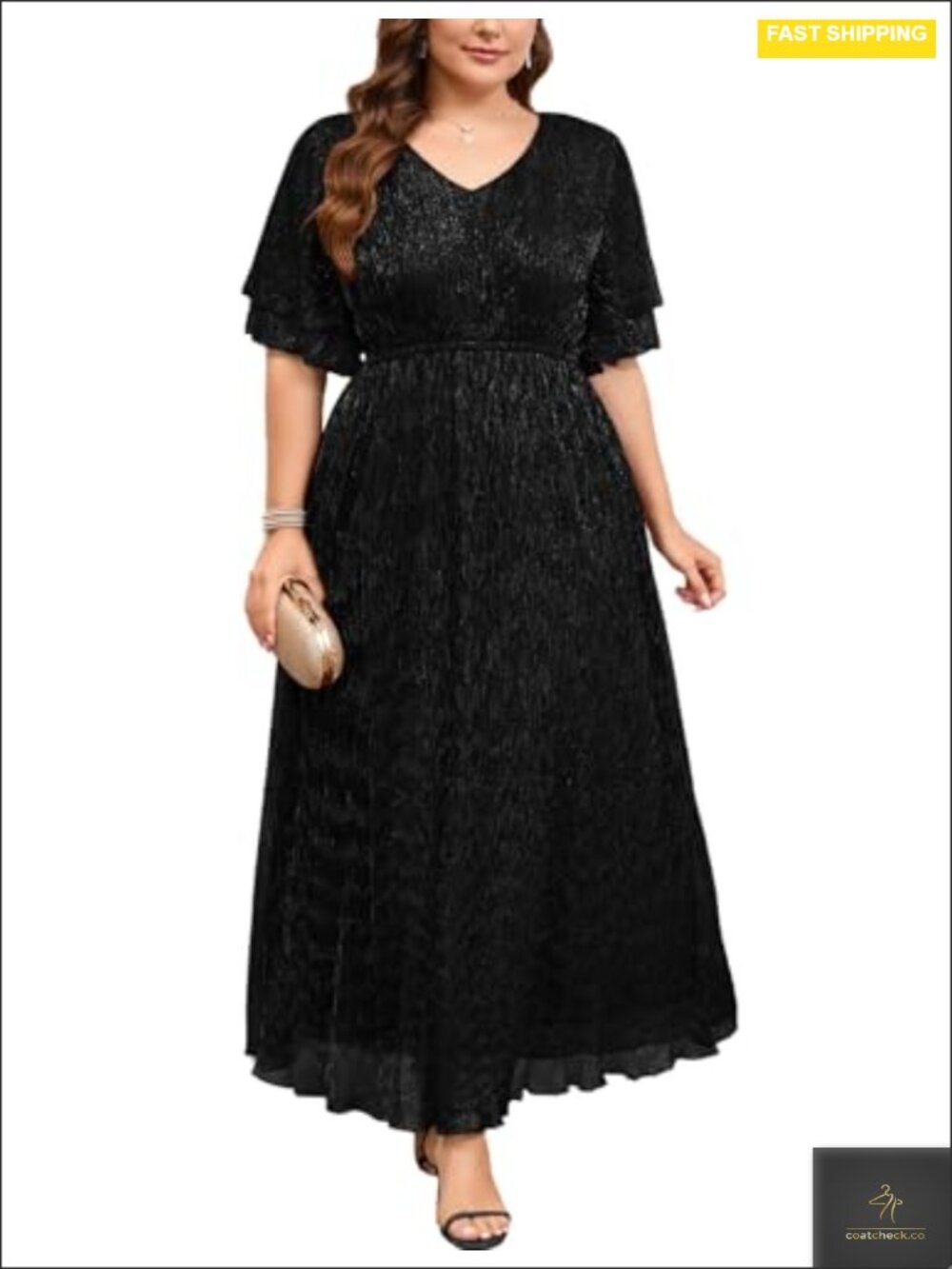 Plus Size Sparkly Mesh Maxi Formal Dress Ruffle Sleeves V Neck A-line